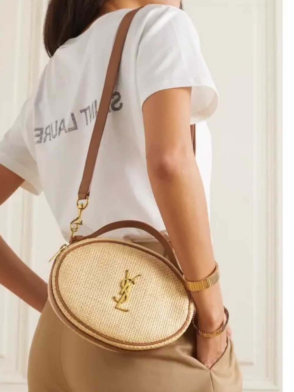 Yves Saint Laurent Cassandre Raffia Oval Bag with Leather Trim - Picture 2 of 8